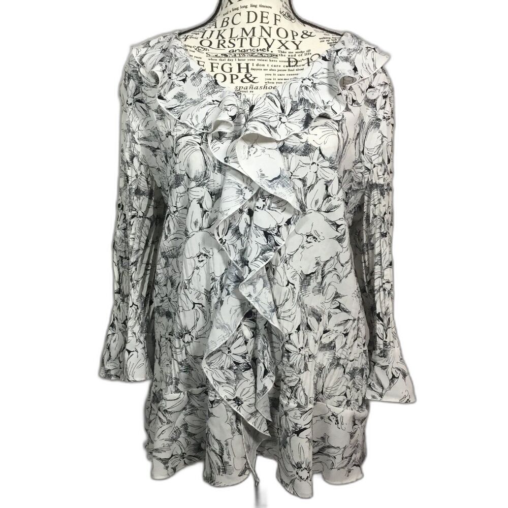 White with black flower art pattern ruffle front blouse bell sleeve romantic L